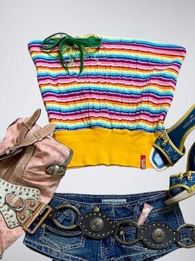 RARE VINTAGE Miss Sixty Rainbow Striped Tube Top Smocked Boob Tube Y2K